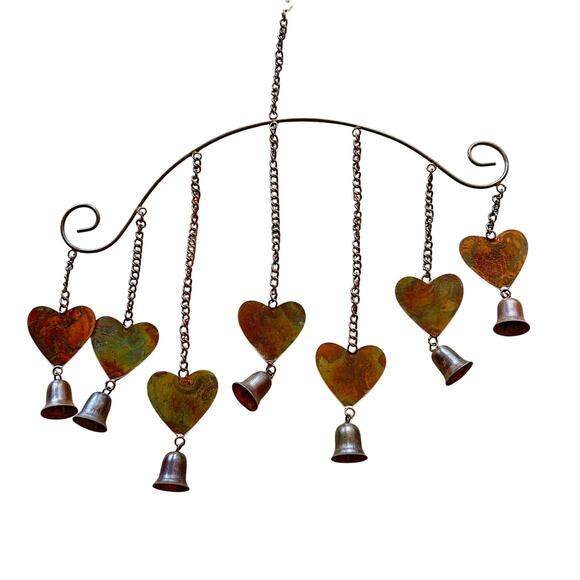 Vintage Metal Copper HEART COW BELLS WIND CHIME folk art yard - Picture 1 of 10
